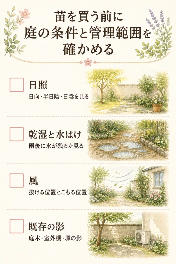 苗を買う前に庭の条件と管理範囲を確かめる