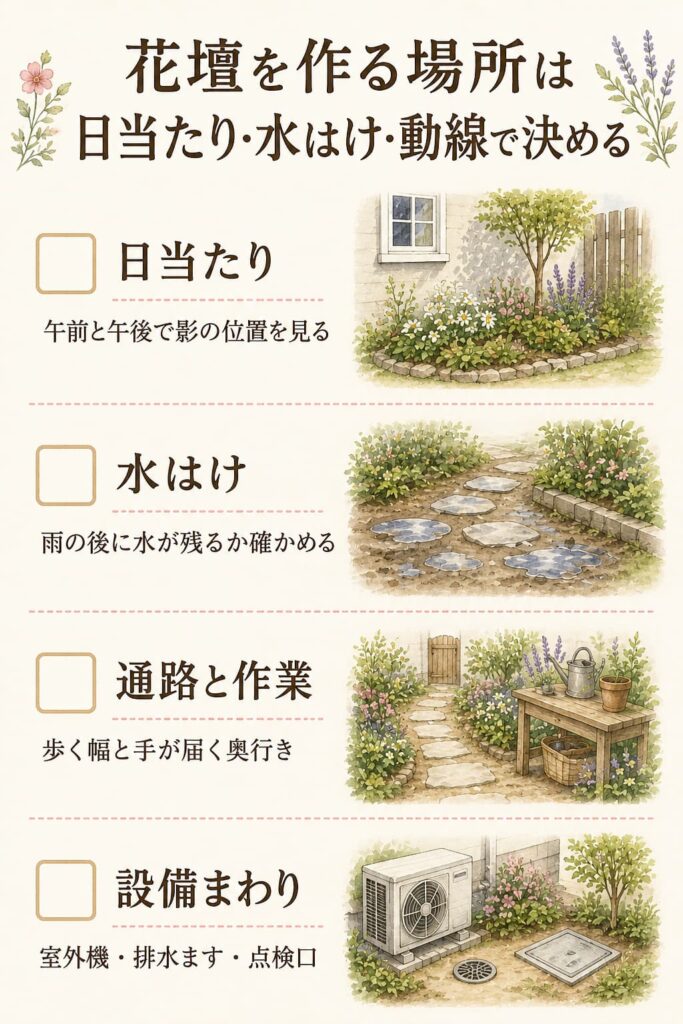 花壇を作る場所は日当たり・水はけ・動線で決める