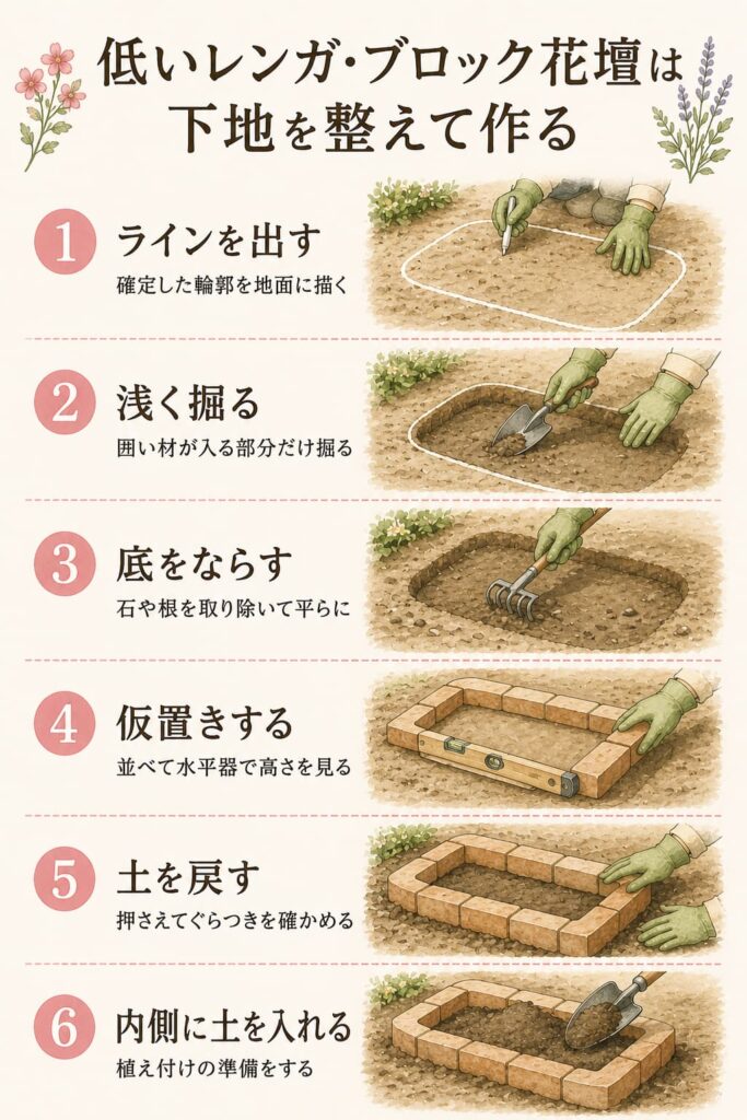 低いレンガ・ブロック花壇は下地を整えて作る