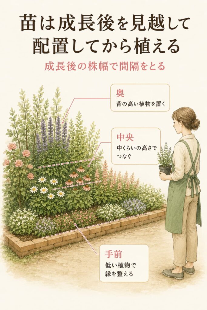 苗は成長後を見越して配置してから植える