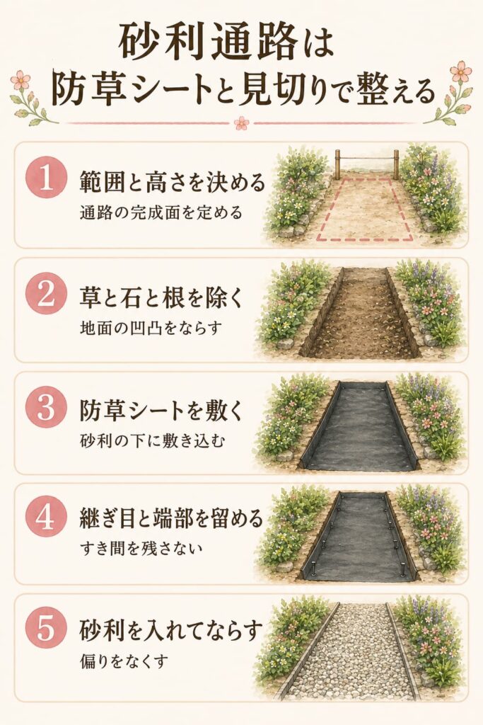 砂利通路は防草シートと見切りで整える