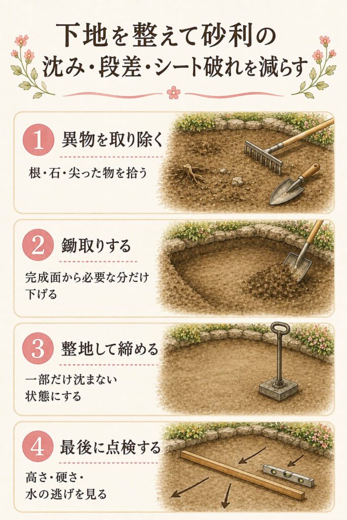 下地を整えて砂利の沈み・段差・シート破れを減らす