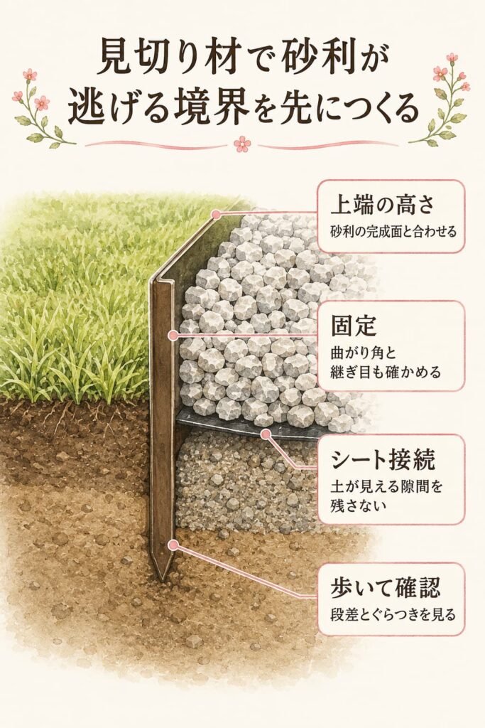 見切り材で砂利が逃げる境界を先につくる