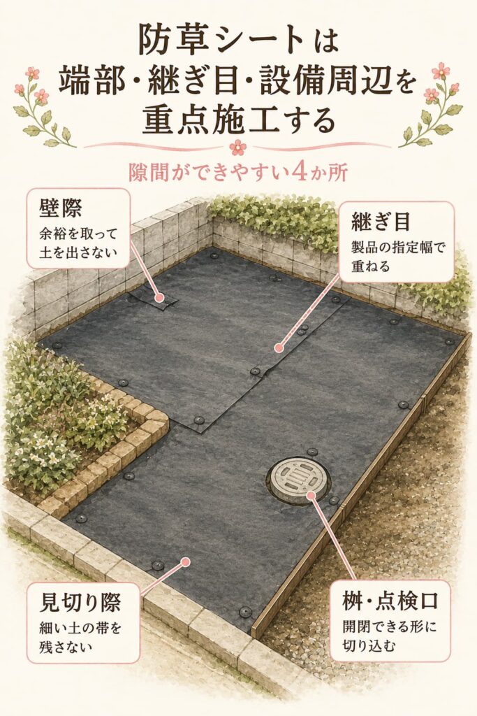 防草シートは端部・継ぎ目・設備周辺を重点施工する