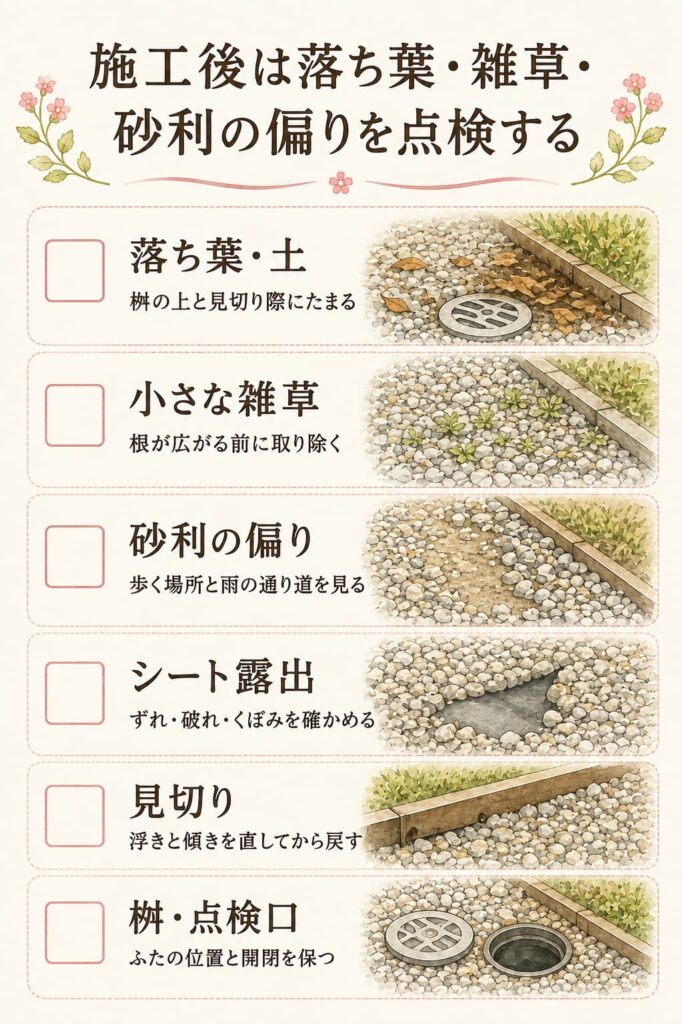 施工後は落ち葉・雑草・砂利の偏りを点検する