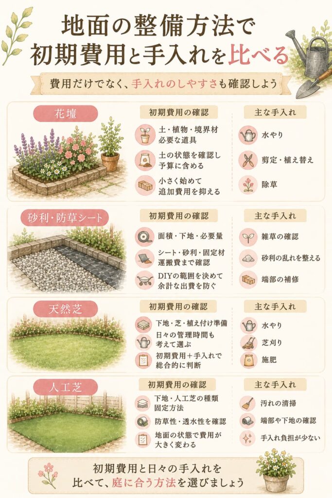 地面の整備方法で初期費用と手入れを比べる