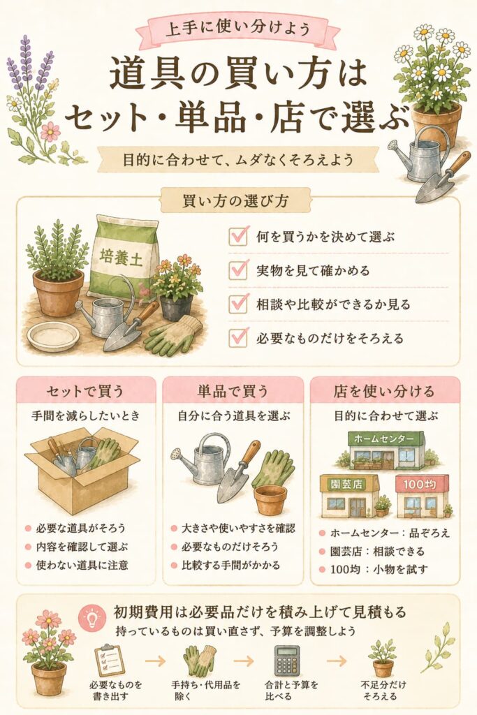 道具の買い方はセット・単品・店を使い分ける