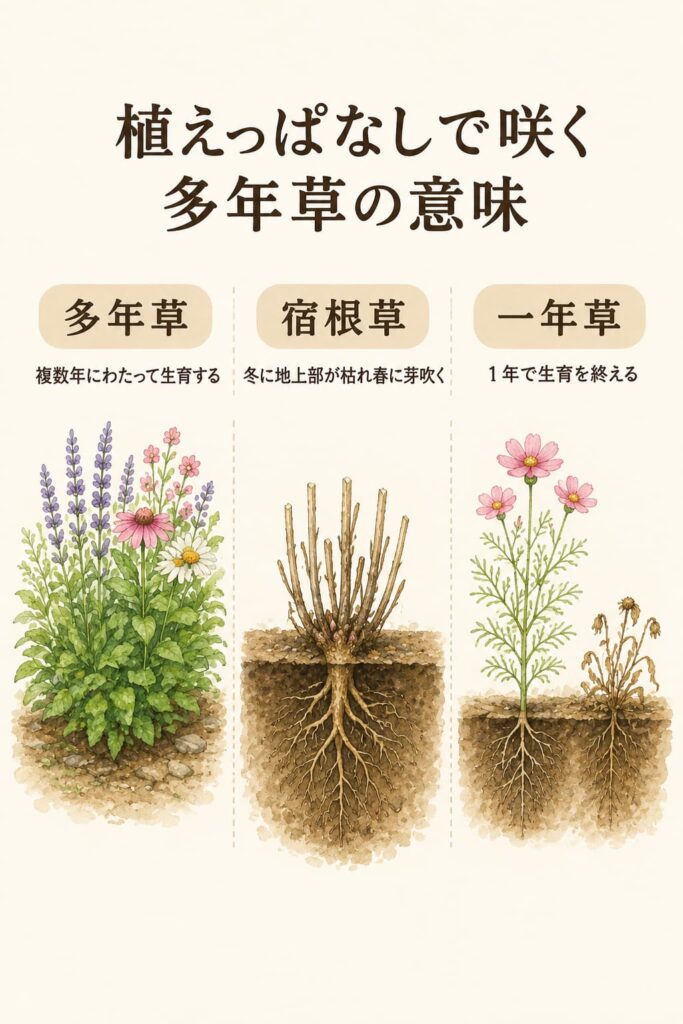 植えっぱなしで咲く多年草の意味