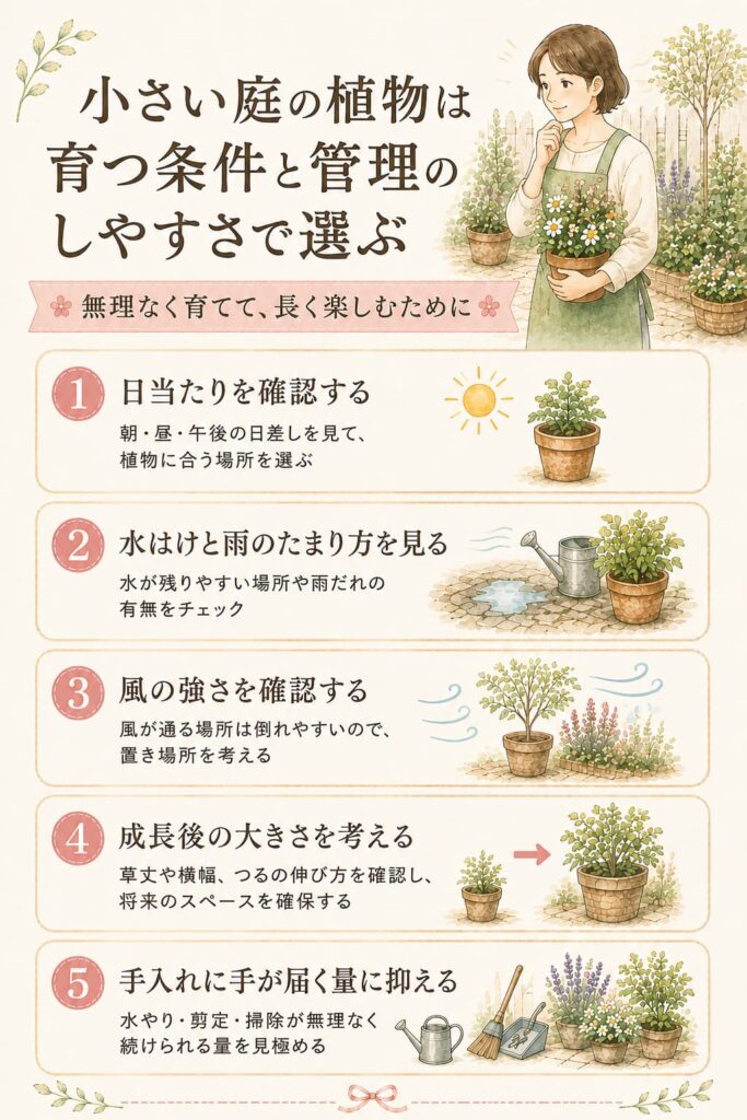 小さい庭の植物は育つ条件と管理のしやすさで選ぶ