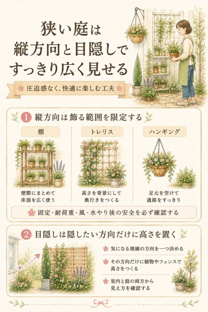 狭い庭では縦方向と目隠しを圧迫感なく使う
