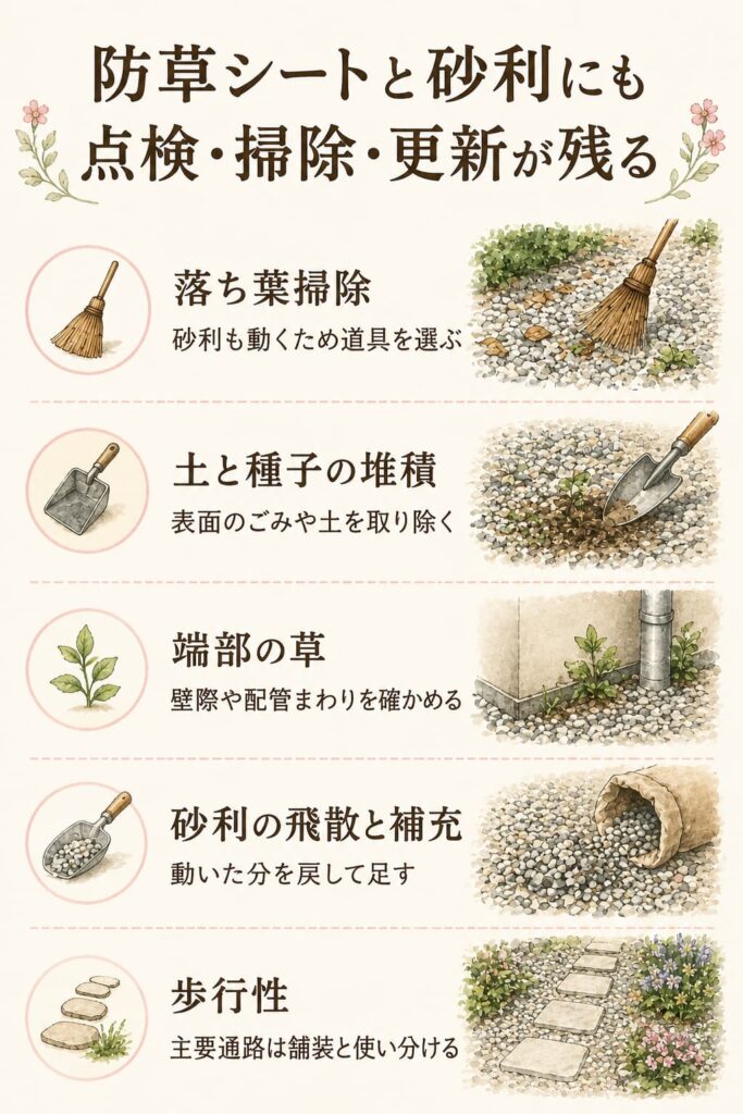 防草シートと砂利にも点検・掃除・更新が残る