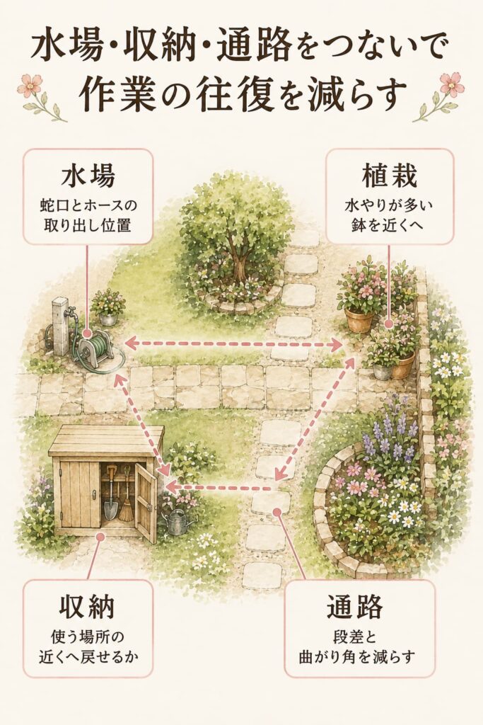 水場・収納・通路をつないで作業の往復を減らす