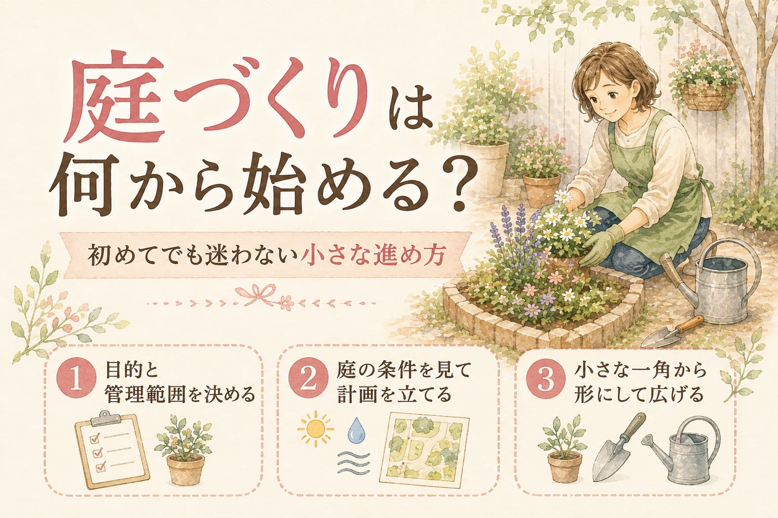 庭造りを始める女性のイラスト