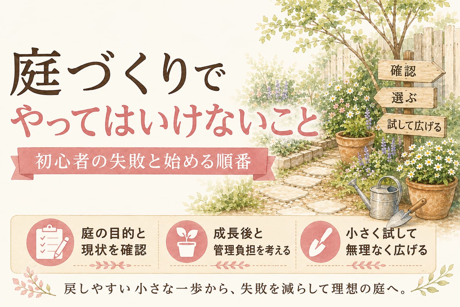 庭づくりでやってはいけないことと始める順番のイラスト