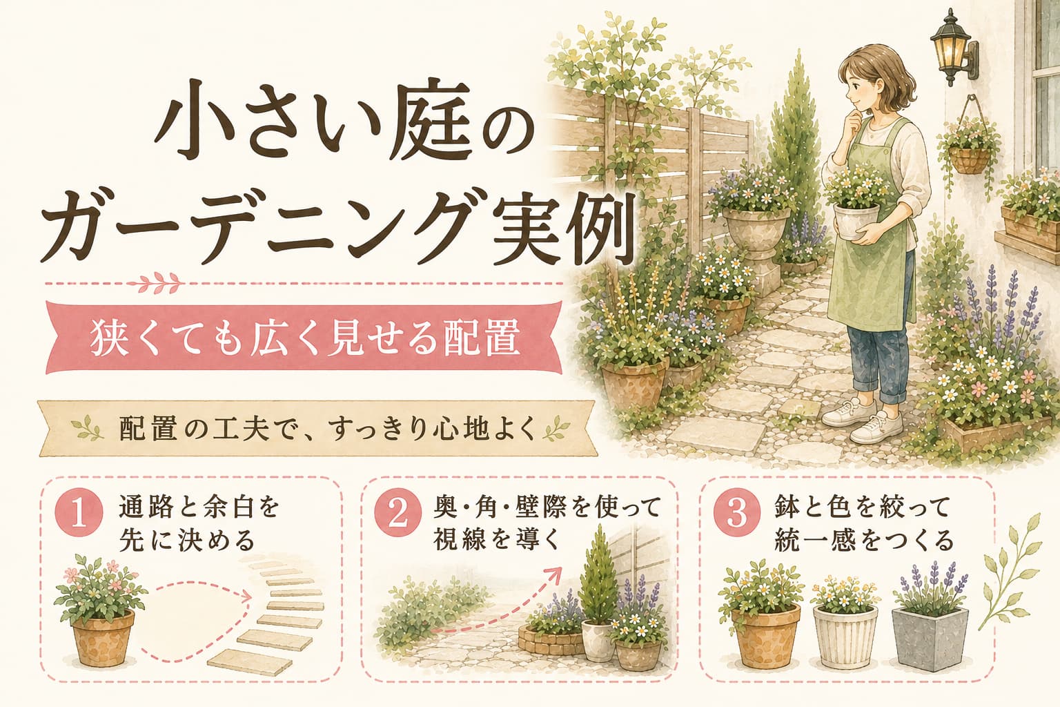 小さな庭に立っている女性のイラスト